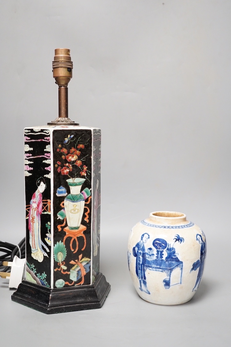 A Chinese famille noire hexagonal vase mounted as a lamp, total height 39 cm and a blue and white crackle glaze jar, late 19th century